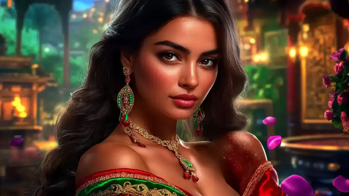 Experience the Richness of India-Themed Games at KX8 A beautiful woman with long dark hair, wearing an elegant red and green traditional outfit and ornate jewelry, smiles in a luxurious setting with falling petals. Experience the rich Indian-themed games at KX8.
