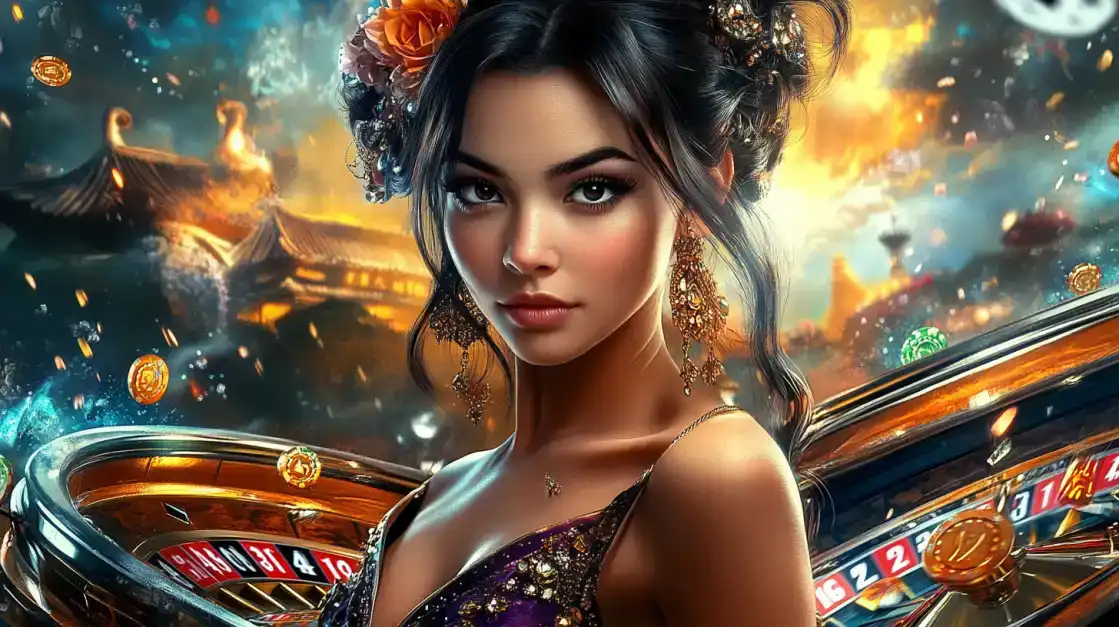 A beautiful woman with flowers in her hair is surrounded by two golden roulette wheels in a magical, fiery setting. Spin the wheel of fortune and win big at KX8.