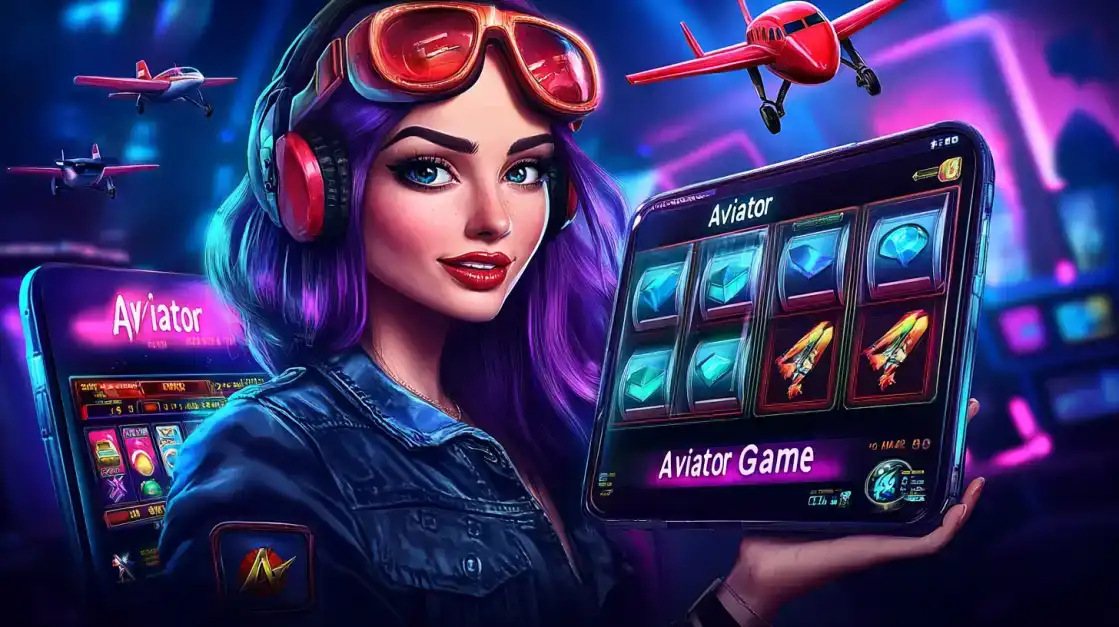 A female gamer with purple hair and headphones holds a tablet displaying the 'Aviator' game in a high-tech, neon-lit room, showcasing the futuristic thrill of crash games at KX8.