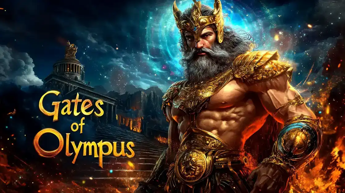 The mighty Zeus from the 'Gates of Olympus' slot stands in his golden armor before his temple, ready to unleash powerful, divine wins upon players at the KX8 online casino.