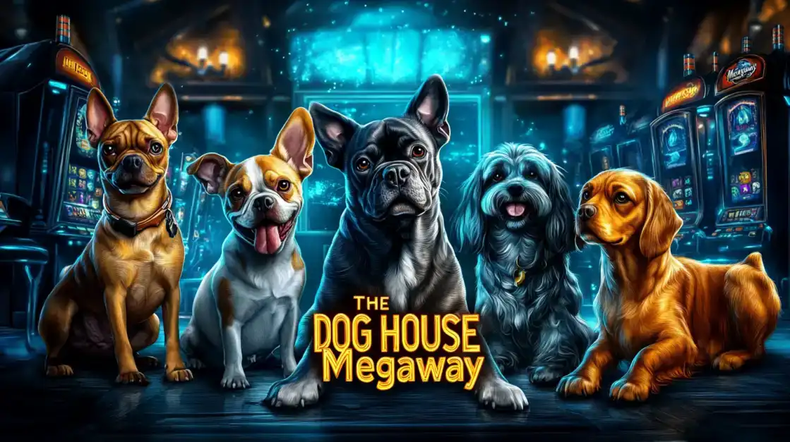 A pack of five adorable dogs sits around a glowing slot machine for 'The Dog House Megaways'. Unleash big wins and have fun with this popular game at KX8.