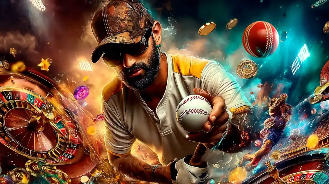 All Your Favorite Sports and Games in One Place at KX8 A composite image of a male athlete with a cricket ball and a roulette wheel, with another player in the background, showcasing the diverse world of sports and gaming at KX8.