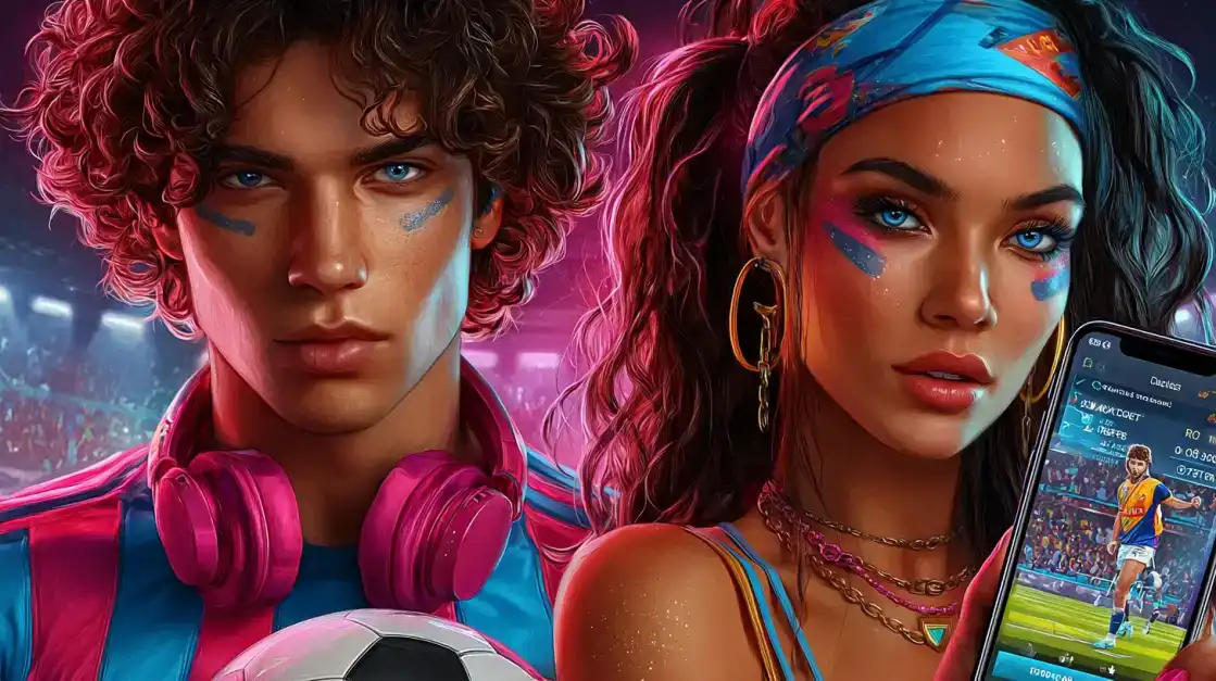 Get in the Game with KX8 Sports Betting A stylish young couple with face paint and headphones pose at a soccer stadium, with the woman holding a phone showing the KX8 sports betting app, ready for the next big match.