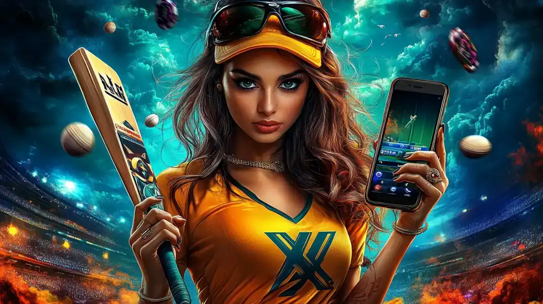 Bet on Cricket and Score a Big Win with KX8 A stylish female athlete in a yellow top and sunglasses holds a phone with the KX8 app, ready to place a winning bet on the next big cricket match.