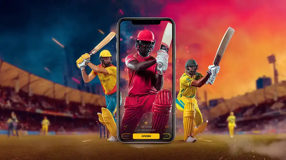 The Best Live Cricket Betting Action on the KX8 App A dynamic image of cricket players in a packed stadium, with the central player framed by a smartphone screen, illustrating the immersive mobile experience of live cricket betting on KX8.