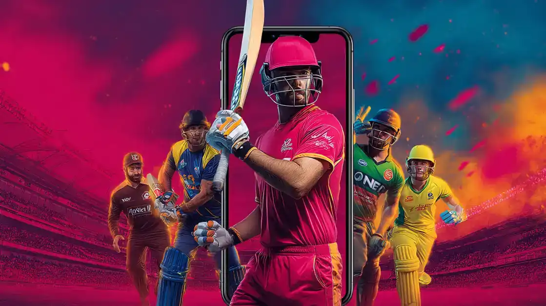 Your Ultimate Cricket Betting Companion: KX8 App A close-up of a smartphone displaying the KX8 cricket betting app, which features a team of professional players ready for the match. Download the app for all your cricket action.