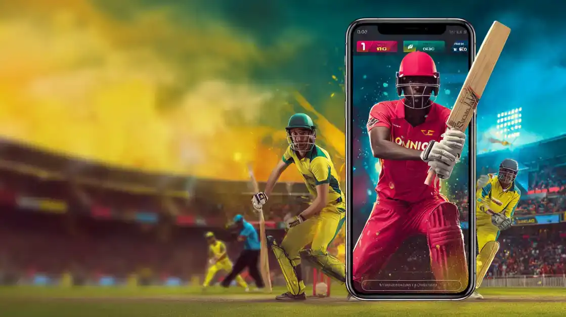 The Best View of the Game: KX8 Mobile Betting A hand holds a smartphone showing a live cricket match, with the batsman in full view, showcasing the clear, user-friendly interface for in-play betting on the KX8 app.
