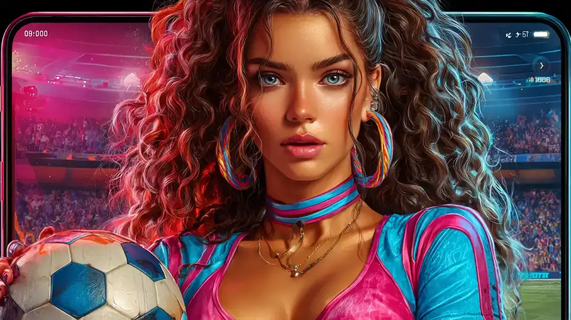 A stunning woman with short, dark hair and a striking red and black outfit poses in a neon-lit casino, representing the bold and exciting atmosphere of playing games at KX8.