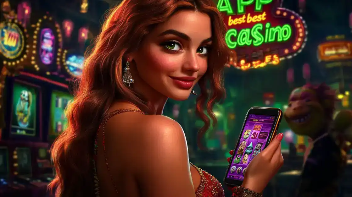 Play the Best Casino Games on the KX8 App A lovely woman with red hair holds up her smartphone, showing off the 'Best Casino' games screen on the KX8 app, with a vibrant and inviting casino lounge and neon signs in the background.