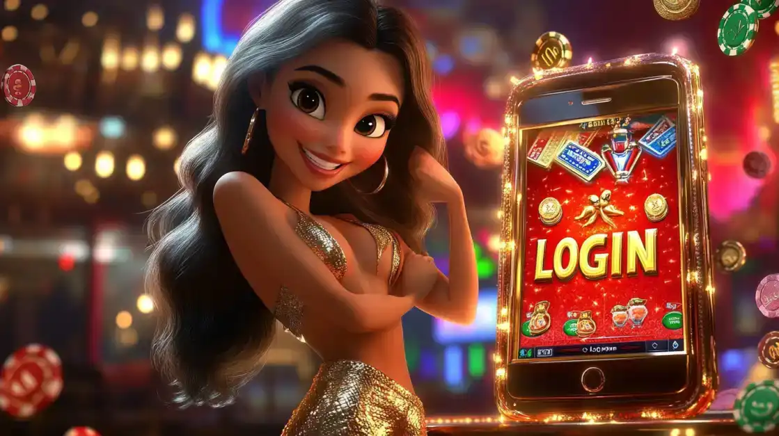 A cute cartoon princess in a golden outfit poses confidently next to a bright red slot machine with a large 'LOGIN' sign, ready for a fun and glamorous gaming session at KX8.
