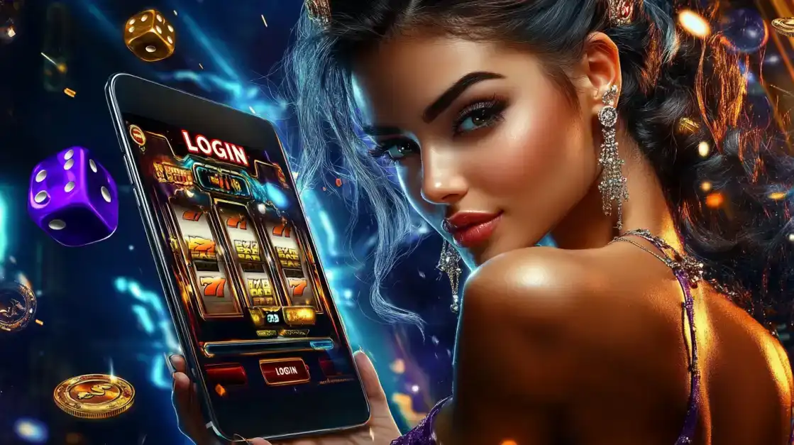A beautiful woman holds a tablet with a 777 slot game login screen, floating in a cosmic scene with purple dice and gold coins. Log in to KX8 for stellar wins.