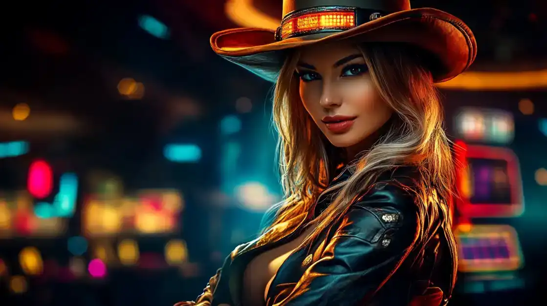 A cool and stylish woman in a cowboy hat and leather jacket poses in a brightly lit casino, representing the thrilling and adventurous Western-themed slot games available at KX8.