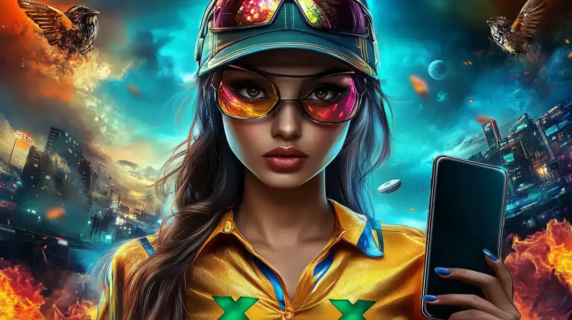 A chic woman with curly hair and stylish sunglasses holds up her smartphone to show a winning combination on a KX8 slot game, inviting you to try your luck and win big.
